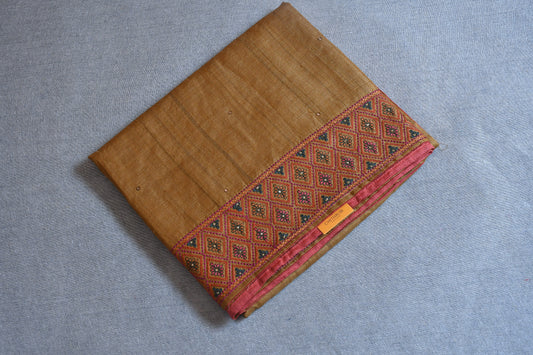 Mustard Hand Embroidered Pure Tussar Silk Saree