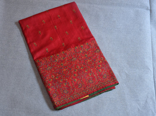 Deep Red Hand Embroidered Pure Tussar Silk Saree