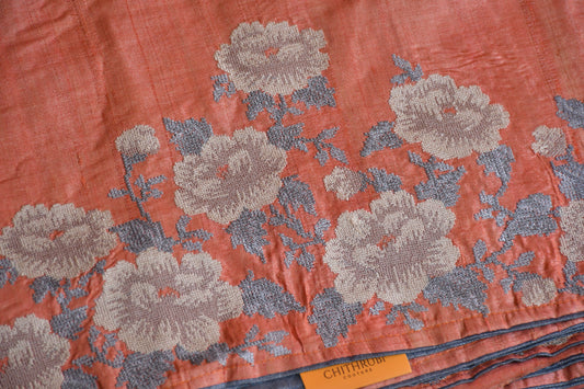 Peach Hand Embroidered Pure Tussar Silk Saree