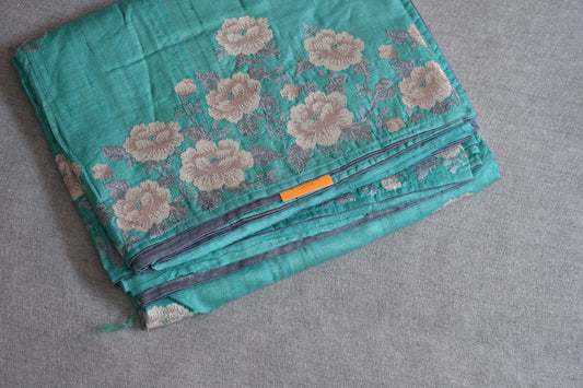 Teal Hand Embroidered Pure Tussar Silk Saree