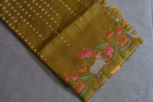 Olive Pichwai Hand Embroidered Tussar Silk Saree
