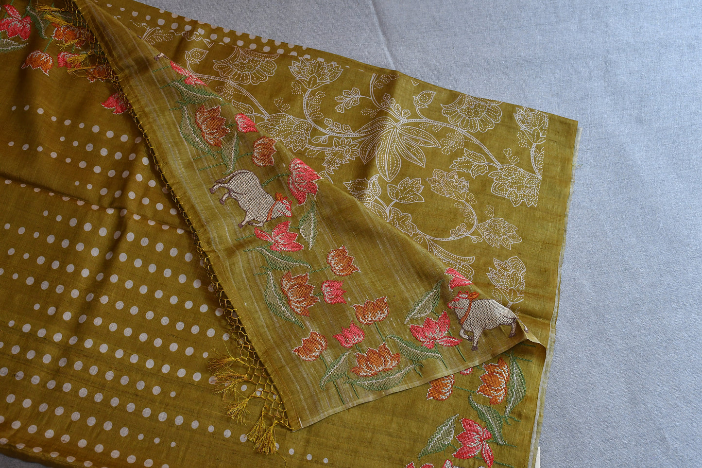 Olive Pichwai Hand Embroidered Tussar Silk Saree