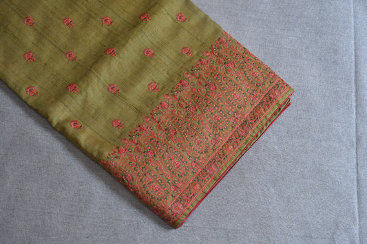 Olive Green Hand Embroidered Pure Tussar Silk Saree