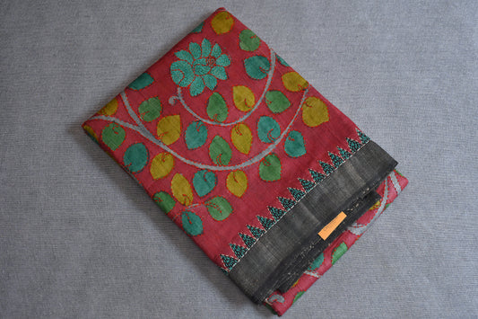 Rose Pink Hand Embroidered Pure Tussar Silk Saree
