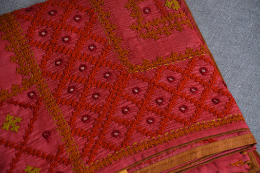 Maroon Hand Embroidered Pure Tussar Silk Saree