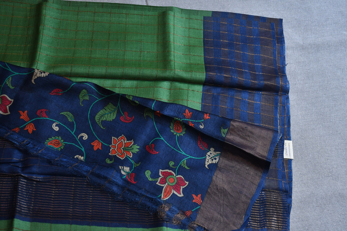 Green Kalamkari - (Blouse piece) Tussar Silk Saree
