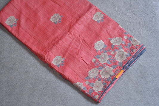 Blush Pink Hand Embroidered Pure Tussar Silk Saree