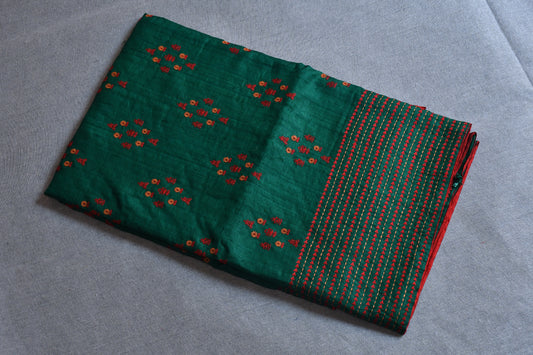 Green Hand Embroidered Pure Tussar Silk Saree