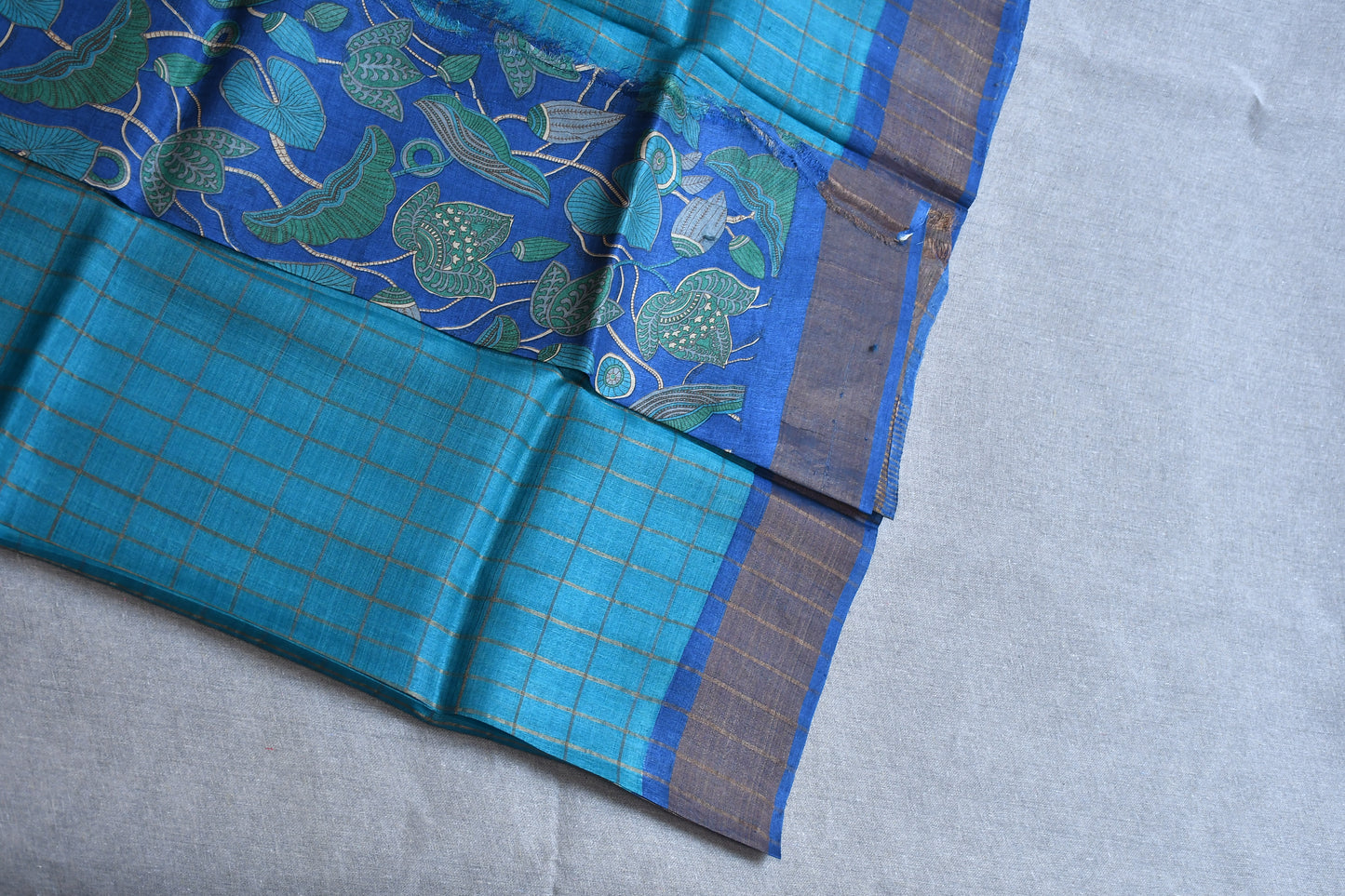Blue Kalamkari - (Blouse Piece) Tussar Silk Saree