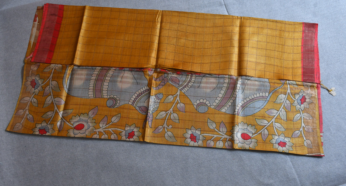Mustard Kalamkari - (Blouse piece) Tussar Silk Saree