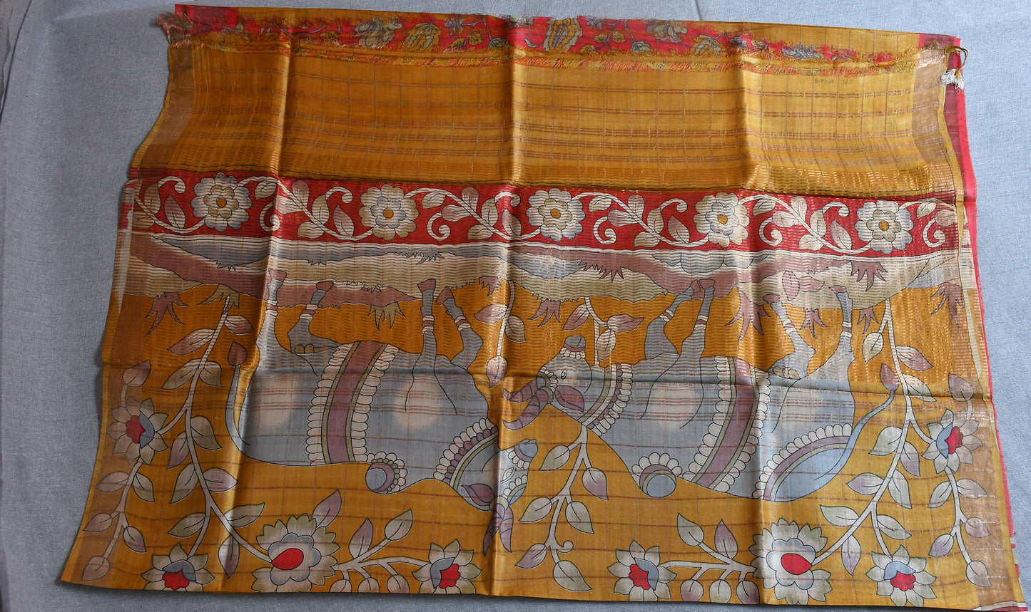 Mustard Kalamkari - (Blouse piece) Tussar Silk Saree