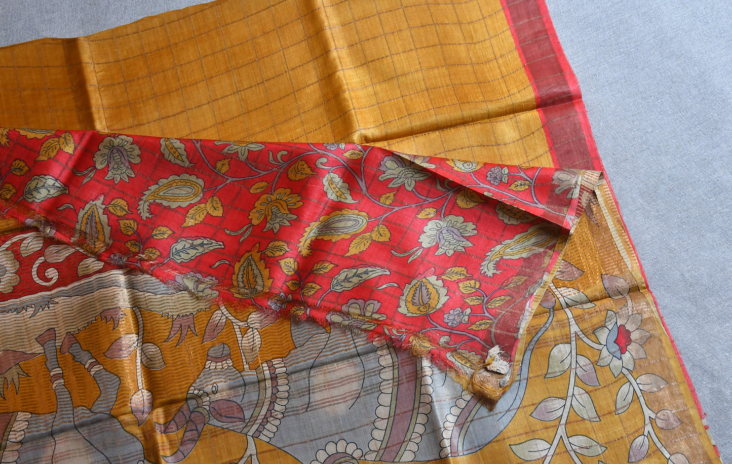 Mustard Kalamkari - (Blouse piece) Tussar Silk Saree
